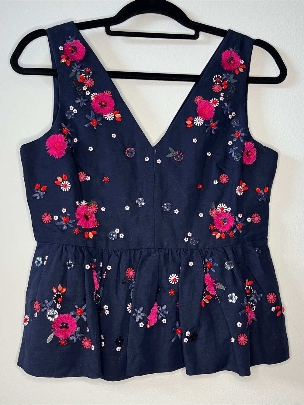 NWT J. crew navy blue embellished beaded floral peplum top zip close V-neck